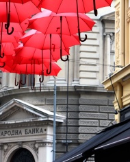 centro de Belgrado paraguas rojos