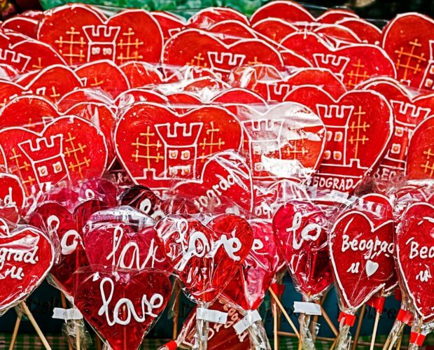 Colorful lollipops symbolizing hearts with Belgrade