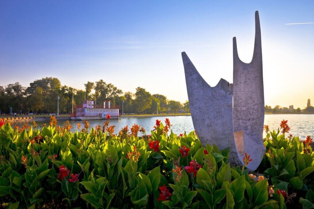 Palic lake coast at dawn near town of Subotica view