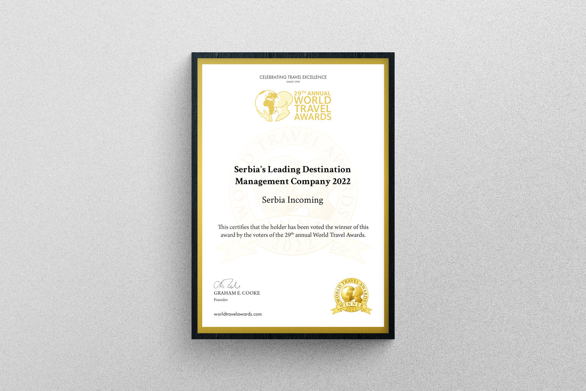 Certificat 2022 de la principale société de gestion de destinations de Serbie